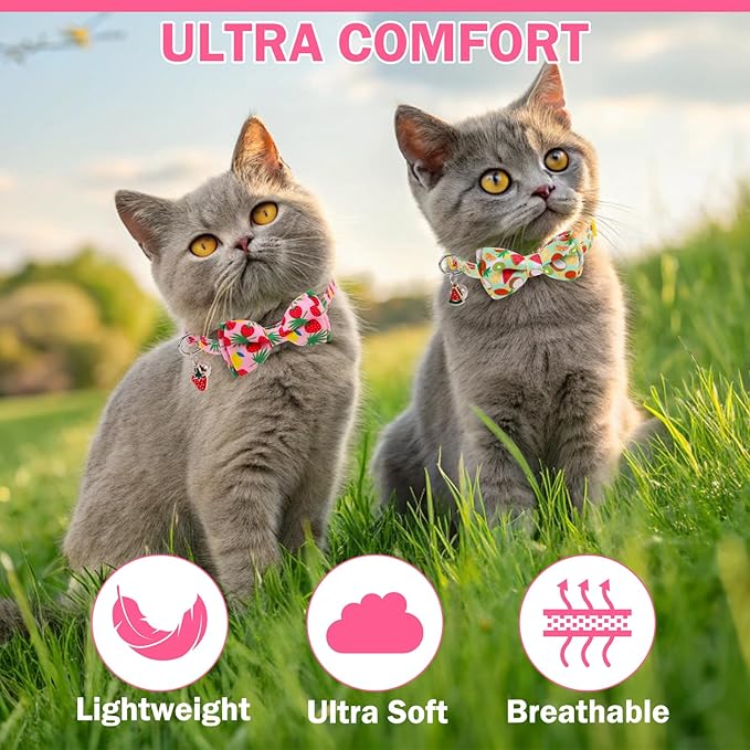 Cat Collar with Bell Bow Tie Fruit Breakaway Bowtie Cat Collar for Spring Summer, Adjustable Safety Kitten Collars with Removable Bowtie & Charm for Boys Girls Male Female Cats