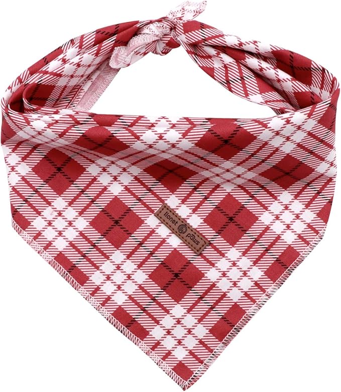 Lionet Paws Christmas Dog Bandana Washable Cotton Handkerchief Scarf Triangle Bandana for Small Medium Large Dogs Red Grid