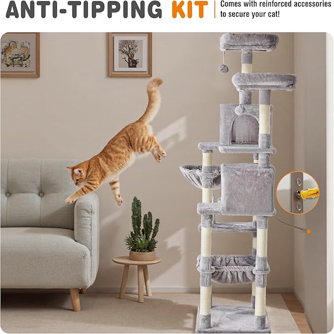Large Cat Tree 71 Inch, Multi-Level Tall Cat Tree Tower with Condo, Perches, Sisal Scratching Posts and Hammock, Pet Play House with Dangling Balls for Indoor Cats, Light Grey
