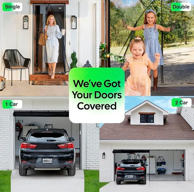 UnBugs Garage Screen Doors for 2 Car Garage - Fits Double Garage Doors up to 16 Feet Wide x 8 Feet Tall MAX- Pet & Kid Friendly, Self-Closing - Hands Free Magnet Closure Keeps Bugs Out & Breeze in
