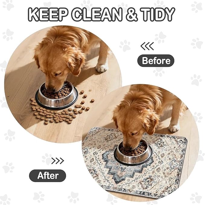 Dog Food Mat for Pet Cat Food Mat, Boho Absorbent Quick Dry Dog Bowl Mats for Food and Water, Non-Slip Cat Pet Feeding Mats for Floor Placemats 12"x20"