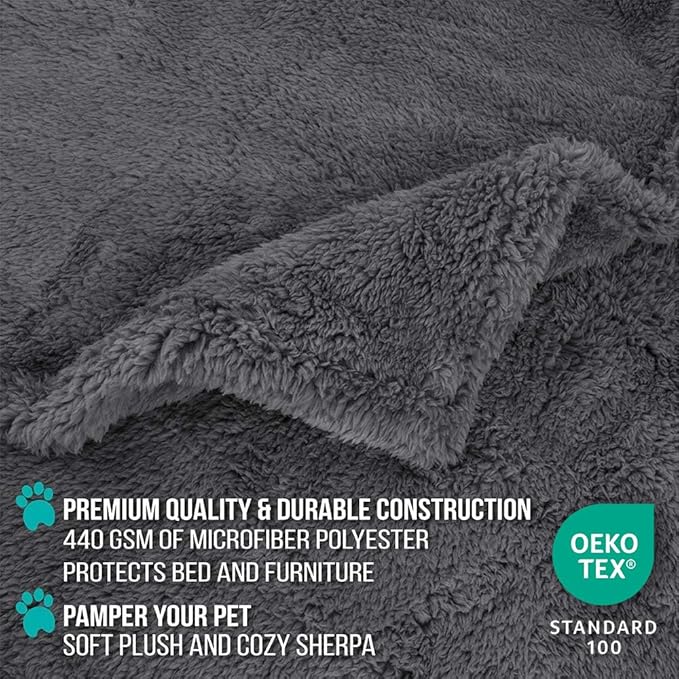 PetAmi Fluffy Waterproof Dog Blanket for Bed Large Dogs, Soft Warm Pet Sherpa Throw Pee Proof Couch Cover, Reversible Cat Blanket Sofa Crate Kennel Protector, Washable Mat (Grey, 60x80)