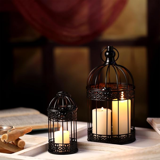 Sliner 4 Pcs Birdcage Candle Holder Valentine Decorative Bird Cages for Weddings Vintage Candlestick Holders Metal Lanterns Model Wedding Candle Centerpieces for Tables Valentine Home Decor(Black)