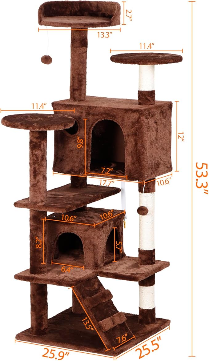 54-Inch Cat Tree for Large Cats, Sturdy Multi-Level Cat Tower with 2 Condos, Hanging Ball and Sisal Scratching Posts, Durable Cat Furniture for Indoor Cats (Brown)