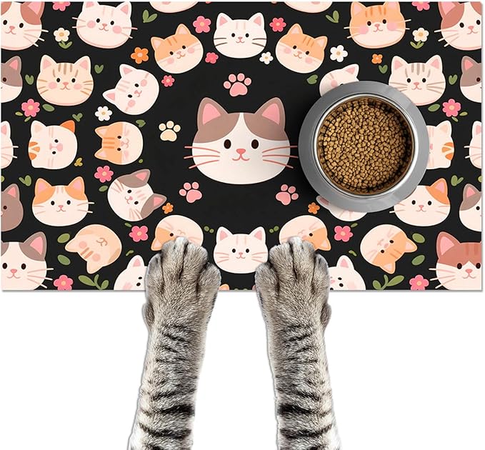 Cat Feeding Mat 24x16 inch Black Kitten Print Pet Bowl Placemat Non Slip Floor Mat for Food and Water Indoor Kitty Feeding Station Cute Meal Pad for Small Pets Kitchen Use