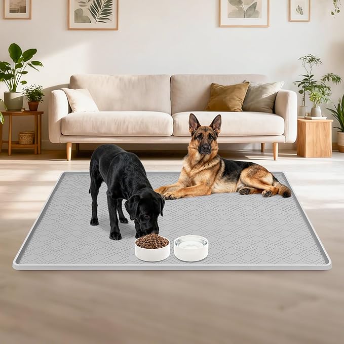 Lanstics Dog Food Mat, 42" x29" Large Silicone Mat Dog Feeding Mat with Raised Edge Non-Slip Pet Feeding Mat for Food and Water Bowl, Easy to Clean, Floor Protection (Light Gray)