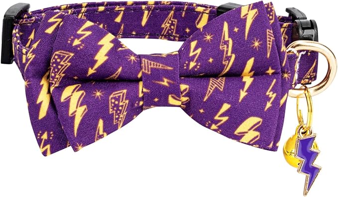 2 Pack Breakaway Cat Collar with Removable Bow Tie and Bell for Boy Girl Cats,Cute Cotton Kitten Collar with Purple Lavender and Red Flower Pattern for Female Male Cats (Lightning&Sun)
