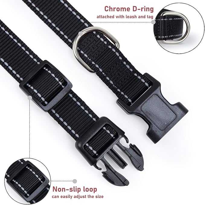 Reflective Dog Collar with Buckle Adjustable Safety Nylon Collars for Small Medium Large Dogs, Black L
