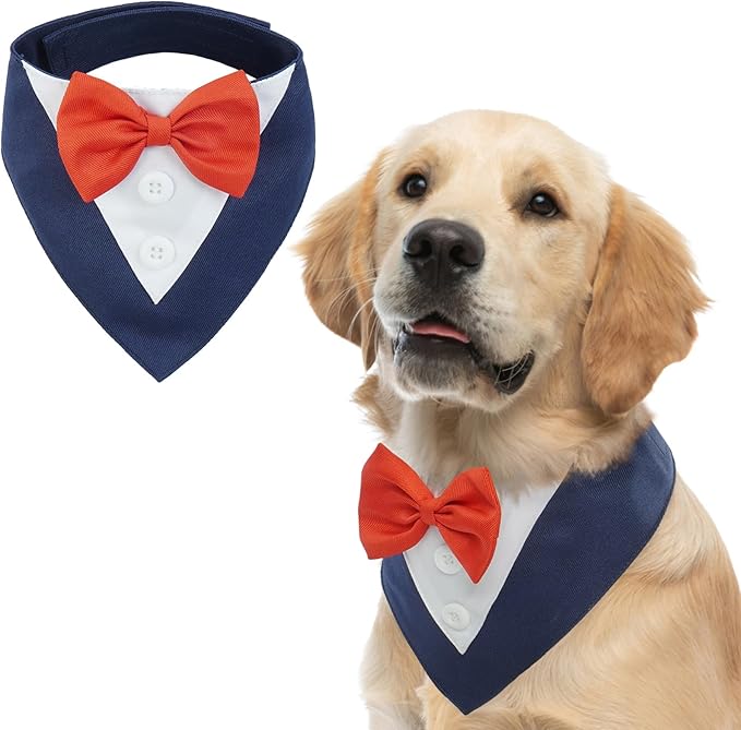 FUAMEY Dog Tuxedo for Large Dogs,Dog Formal Suit Dogs Attire Pet Bow Tie Puppy Party Costumes Cat Tux Outfits Pets Bandana Cosplay Adjustable Bowties Wedding Birthday Valentines Blue XL