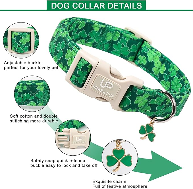 St. Patrick's Day Dog Collar, UP URARA PUP Shamrock Adjustable Pet Collar with Quick Release, St. Patrick's Day Dog Accessories for Small Medium Large Dogs
