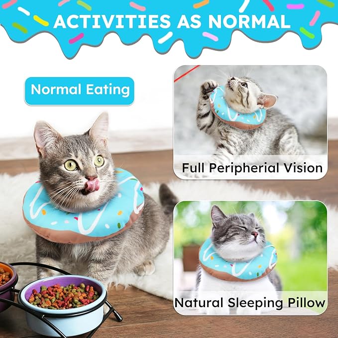 Cat Cone Collar Soft, Waterproof Cat Recovery Collars Spay Cones to Stop Licking Cute Donut E Collar After Surgery Anti-Lick Wound Healing Safety Elizabethan Collar for Kittens (Donut Blue, Medium)