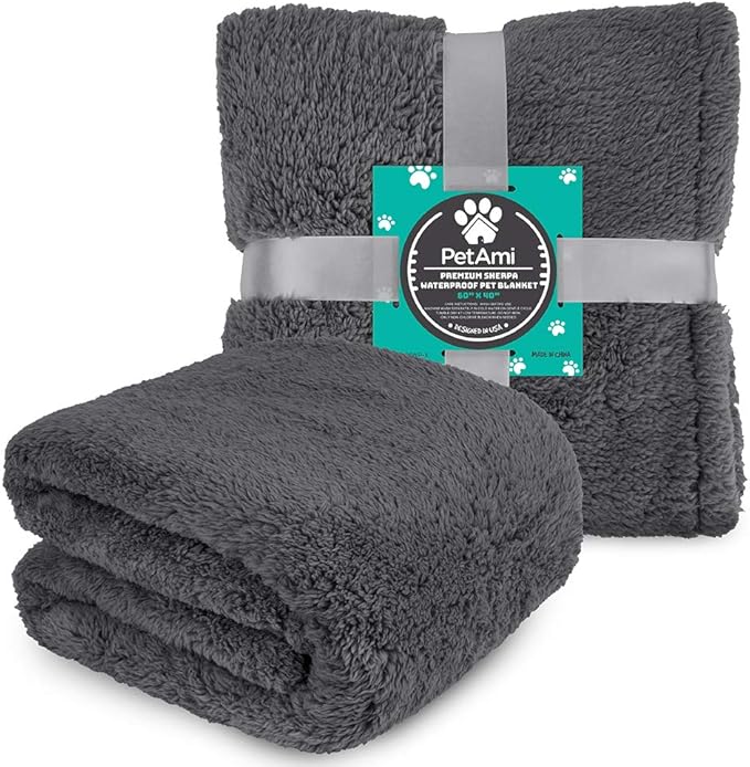 PetAmi Fluffy Waterproof Dog Blanket for Medium Large Dogs, Soft Warm Pet Sherpa Throw Pee Proof Couch Cover, Reversible Cat Bed Blanket Sofa Protector, Plush Washable Pad (Gray, 40x60)