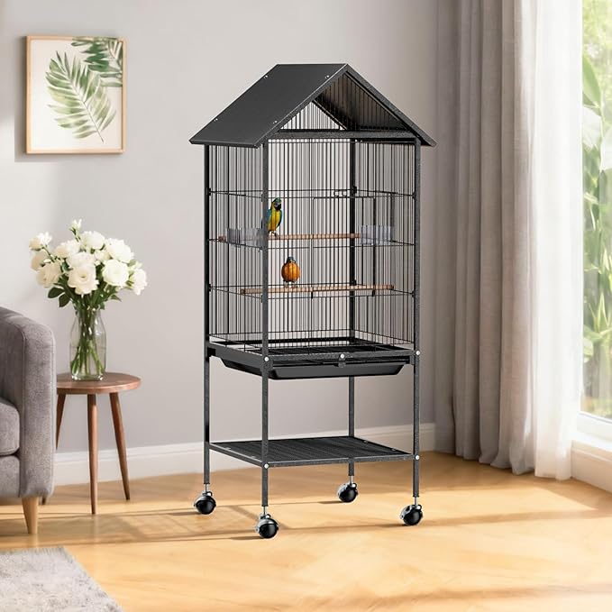 VINGLI Bird Cage with Rolling Stand for Parrots, Cockatiels, Budgies, Lovebirds, Small/Medium Birds (50" H with Spire Roof)