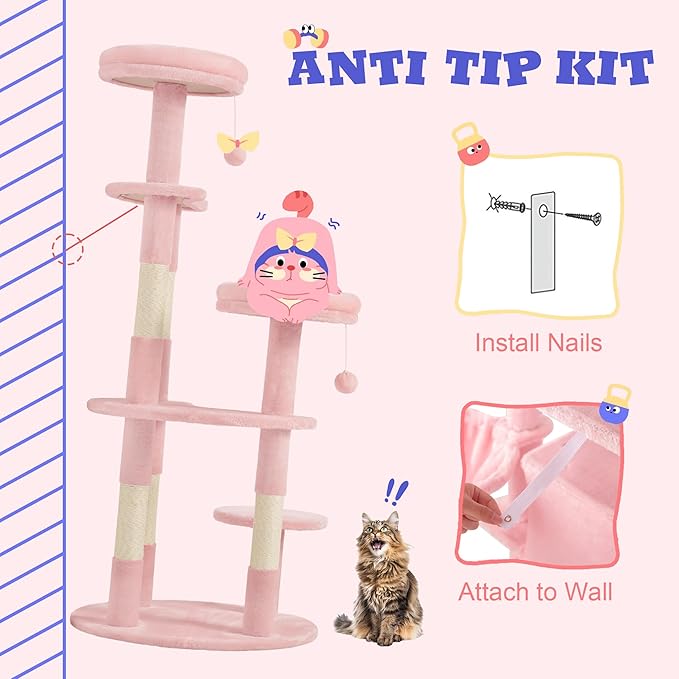 Allewie 55.5 in Cat Tree for Indoor Kitties/Soft Plush Perches/Multi-Level Cat Tower/Sisal Scratching Posts/Crescent Plates/Round Jumping Board/Hanging Ball/Pet Activity Center/Pink