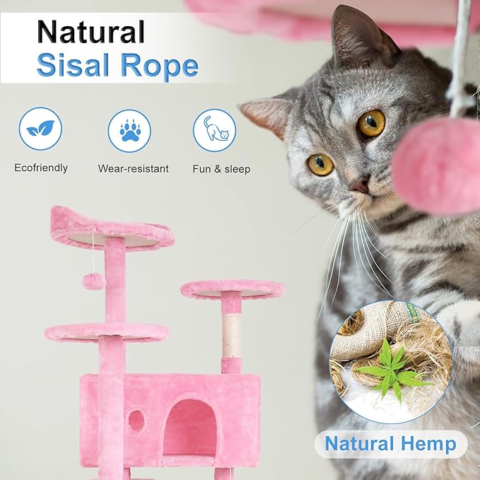 FDW | 54" Cat Tree Tower | Pink | Multi-Level Indoor Activity Center with Sisal Scratching Posts, Condos, Plush Perches, Hanging Cat Toys | Sturdy, Easy to Assemble | for Kittens & Adult Cats