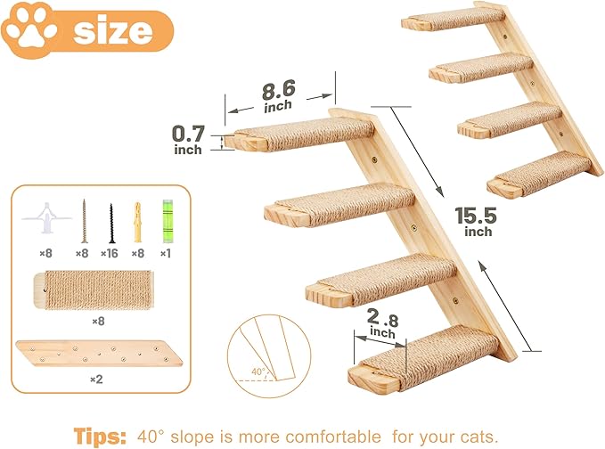 Wall Mounted 2 Pack Cat Shelf with 2 Pieces Four Steps Climber Stairs - Modern Cat Wall Furniture for Climbing, Lounging, and Playing - Perfect Hammock for Indoor Cats or Kitty