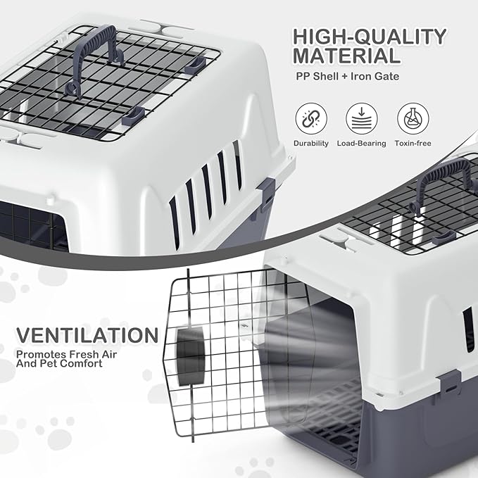 MoNiBloom 22-Inch Dog Crate Plastic 2-Door Top Loading Cat Carrier, Hard-Sided Dog Travel Carrier for Small Dogs and Cats, Ventilation and Security Lock Design for Pets up to 22 lbs (Grey)