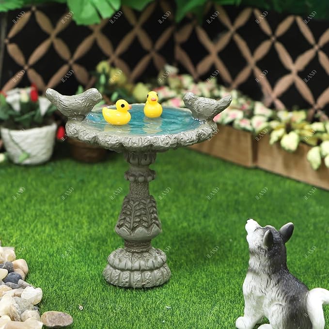 iLAND 1/12 Scale Fairy Garden Accessories Outdoor Miniature Birdbath Fountain & 2 Lion Wall Reliefs Mini Ornaments for Garden Dollhouse Décor Dollhouse Accessories