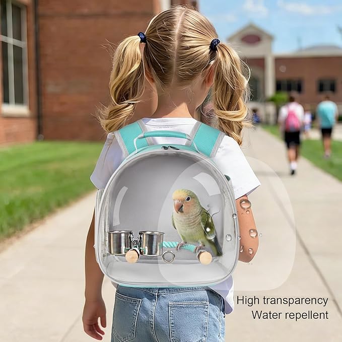 Small Bird Travel Backpack Carrier Cage, Backpack to Transport Backpack Carrier with Clamp Cups Stand Perch for Parakeet Cockatiel Budgies Vet Carry Book Bag Green