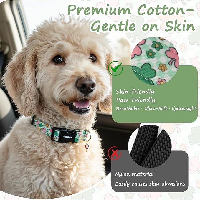 St. Patrick's Day Dog Collar,Puppy Collar with Lucky Shamrock Chequered Pattern,Adjustable Spring Cotton Collars Gifts for Small Medium Large Dogs,Dog Accessories M