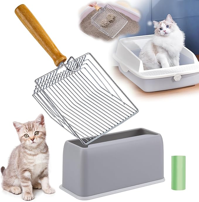 DHXYZZB Metal Cat Litter Scoop - Heavy Duty Litter Scooper & Speed Sifter with Comfortable Wood Grip - Washable Convenient Stand for Easy and Efficient Cleaning