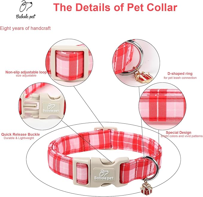 Plaid Dog Collar - Cute Red and Pink Plaid Puppy Collar with Safety Buckle, Soft Adjustable Holiday Dog Collars for Small Medium Large Dogs S