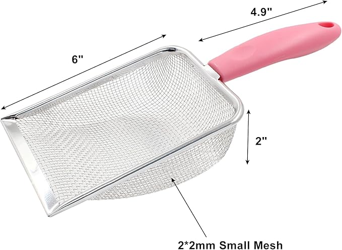 Hordion Cat Litter Scoop Stainless Steel Mesh Scooper, 2mm Mesh Non-Stick Coated Metal Litter Shovel Fine Sand Litter Scooper for Litter Box Kitten Pooper Lifter, Pink