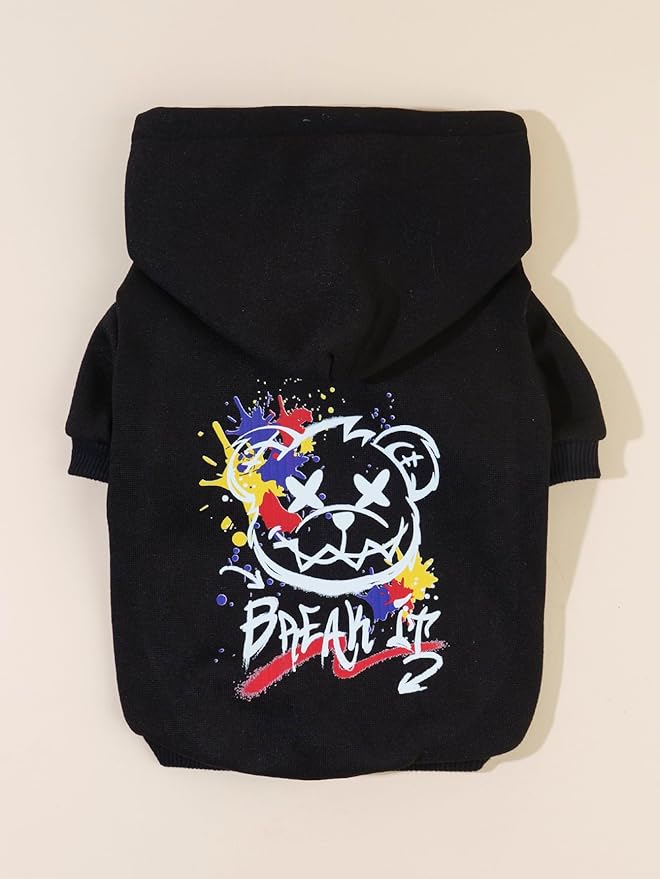 QWINEE Cartoon Bear Print Cat Hoodie Breathable Stretchy Sweatshirts with Hat Warm Cat Clothes for Small Medium Large Cats Dogs Multicolor L