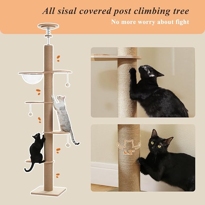 PETEPELA Floor to Ceiling Cat Tree, Adjustable Height(79-103'') Solid Wooden Tall Cat Tower for Indoor Cats with Sisal Scratching Post, Acrylic Bowl and Play Pompom, Wooden Beige