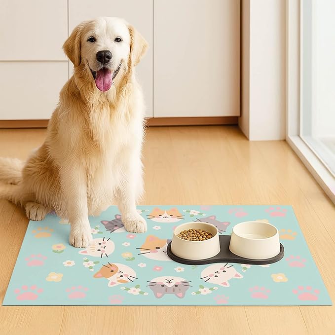 Cat Feeding Mat 24x16 inch Kitten Print Pet Bowl Placemat Non Slip Floor Mat for Food and Water Indoor Kitty Feeding Station Cute Meal Pad for Small Pets Kitchen Use