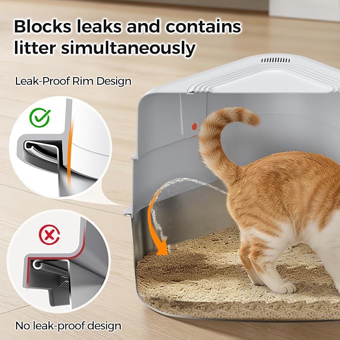 XL Stainless Steel Corner Cat Litter Box with Lid - Sturdy, No Odor & Space-Saving Hidden Design for Large Cats, White