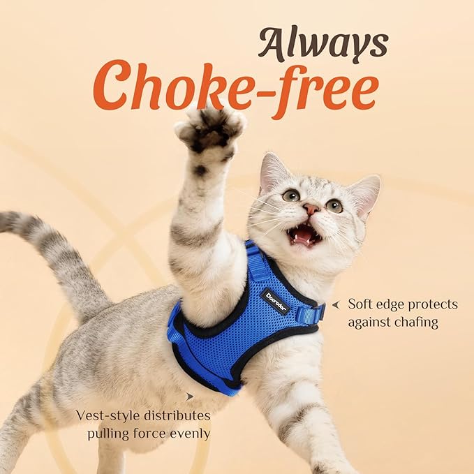 Dooradar Cat Harness and Leash Set, Escape Proof Safe Adjustable Kitten Vest Harnesses for Walking, Easy Control Soft Breathable Mesh Jacket with Reflective Strips for Cats, Blue, S