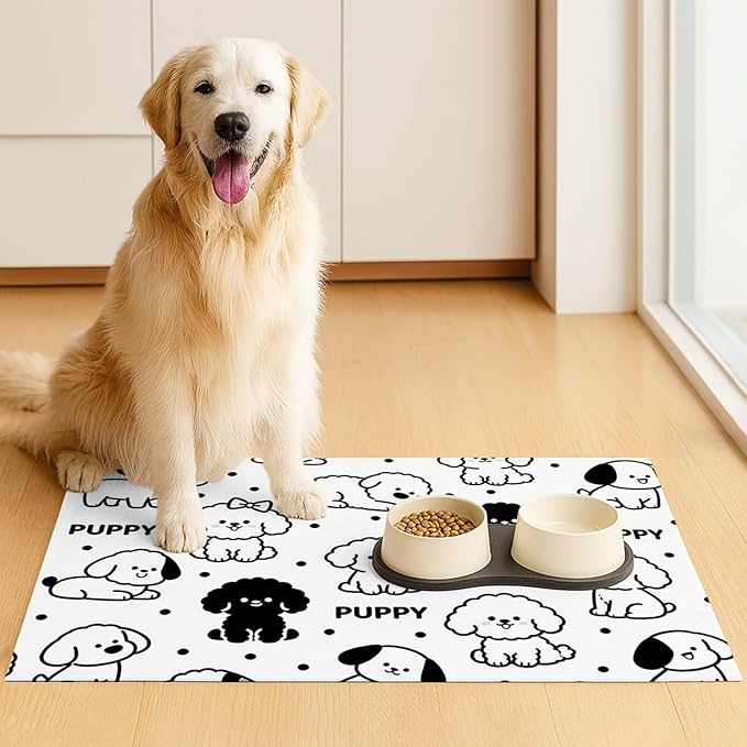 Puppy Pattern Pet Feeding Mat 24x16 Inch Cute Pet Feeding Area Mat Pet Food Mat Pet Mats for Food and Water Dog Mat for Food and Water Indoor Feeding Corner Kitchen Floor Decor