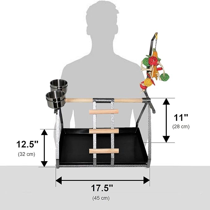 Parrot Bird Perch Table Top Stand Metal Wood 2 Steel Cups Play for Medium and Large Breeds 17.5" x 12.5" x 11"