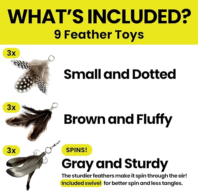 Feather Toys Replacements (9 Pc) - Cat Toys & Kitten Toys for Indoor Kittens, Set of Replacement Feather Attachments Extra Small and Durable, for Cat Wands, Natural and Safe, Cat Lures