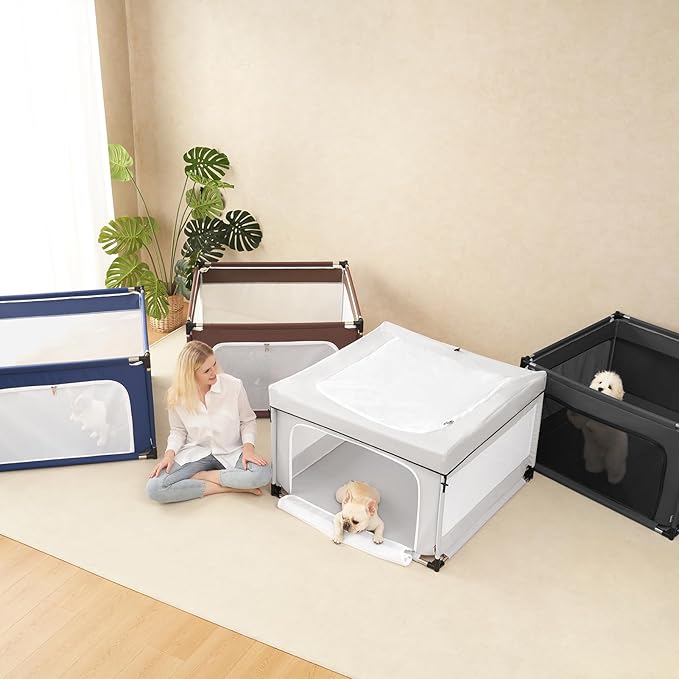 EHEYCIGA 42x42x26 Inches Puppy Playpen Without Top Cover for Dogs & Cats Indoor or Outdoor - Dog Playpen with Door, Dog Fence for Small Animal with Heavy-Duty Oxford & Steel Frame, Navy