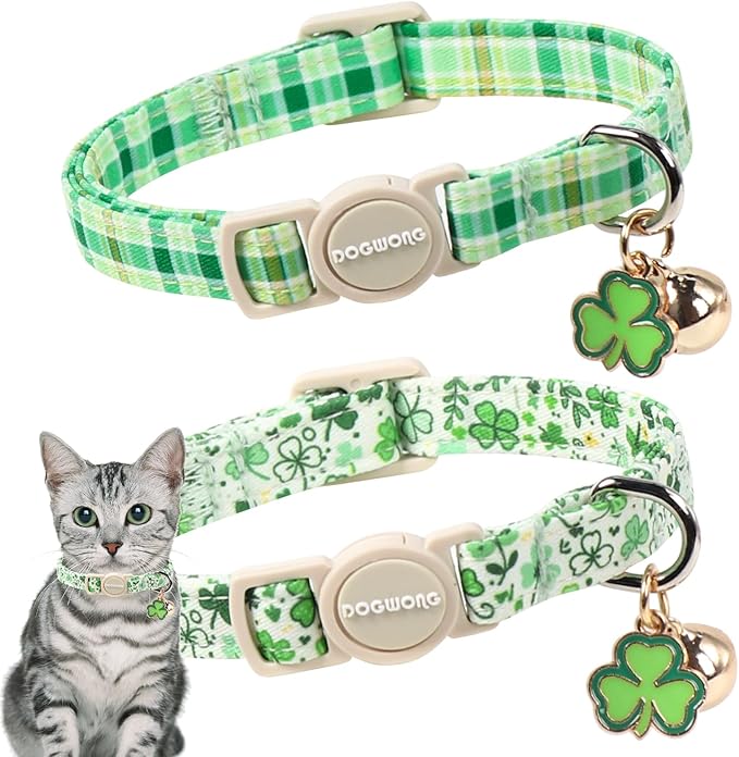 2 Pack St. Patrick's Day Cat Collars, DOGWONG Spring Green Shamrock Cat Collars with Safety Buckle for Cats