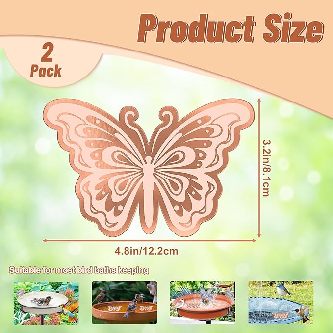 2Pcs Bird Bath Copper Disk, 0.6mm Reinforced 99.9% Pure Copper Cleaning Disk for Physical Clean Water, All-Season Use Cleaner for Outdoor Birdbaths Bowl Garden Fountain (Butterfly)