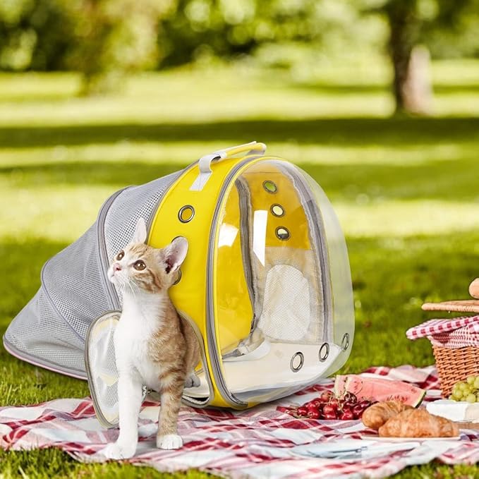 Cat Backpack Carrier Back Expandable Bubble Pet Carrier Backpack for Large Cat, Kitten and Dog, Designed for Hiking, Travelling and Outdoor Use (Back Expandable-Yellow)