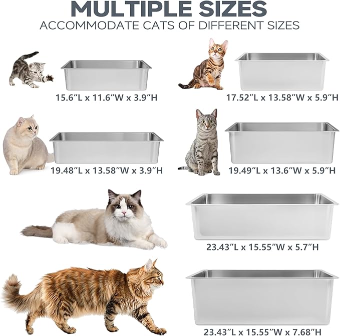 Kirecoo Stainless Steel Litter Box, Large Low Entry Metal Cat Pan Box, Indoor Litter Tray, Non Stick, No Smell, Easy to Clean, Pet Toilet Supplies for Cats