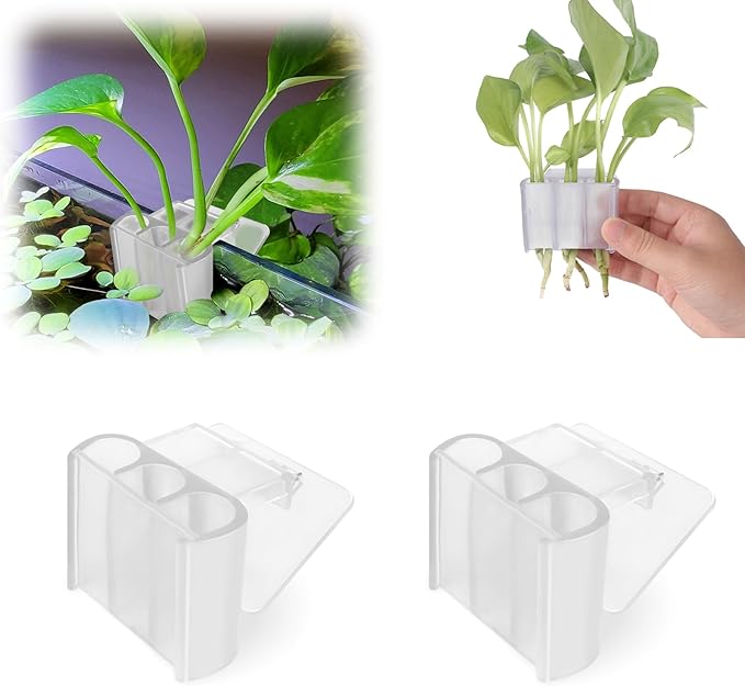 2 Pk Upgraded Aquarium Plant Holder, 3-Hole Hanging Aquarium Plant Holder with Clip, Suitable for Fish Tank Plant Potting, Aquarium Decoration, White