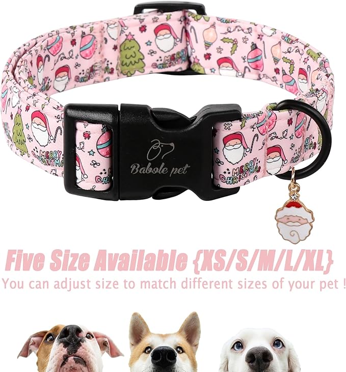 Christmas Dog Collar for Puppy Small Dogs - Cute Santa Print Pink Christmas Collars for Dogs, Soft Adjustable Winter Holiday Dog Collars with Quick Release Buckle XS