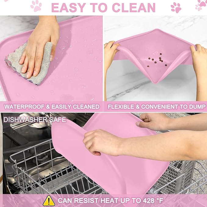 Silicone Pet Food Mat with Raised Edge for Food and Water Bowl, Dog Feeding Mats, Cat Food Trays for Floor Waterproof, Rubber Tray for Dogs and Cats, 24 x 16 x 0.8 Pink