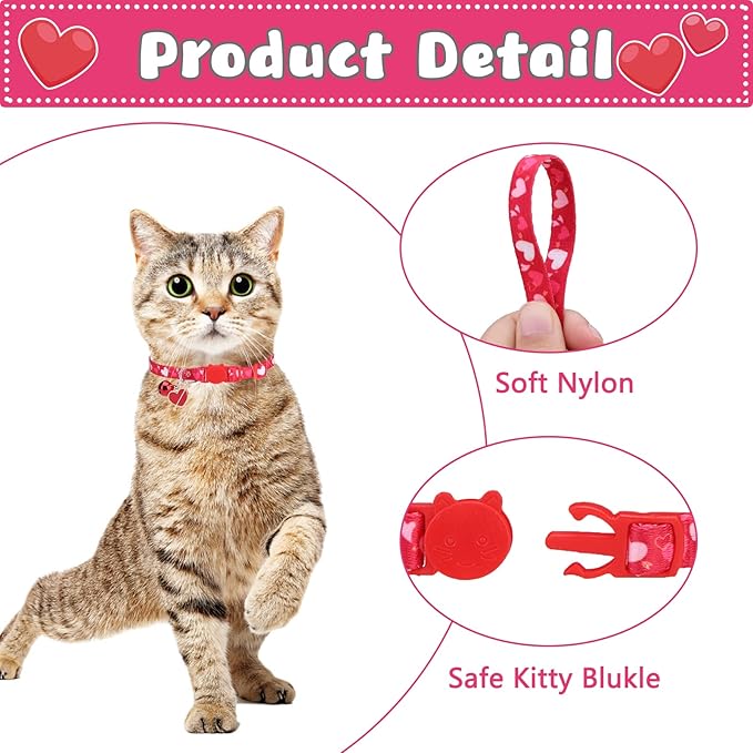 Breakaway Cat Collars with Bell & Cute Pendants, 3 Pack Safety Buckle Kitten Collars, Adjustable Pet Collar Ideal for Girl Boy Cats Puppy (Love Heart)