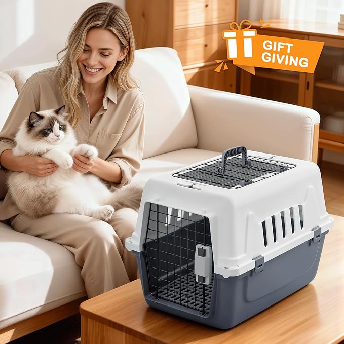 MoNiBloom 22-Inch Dog Crate Plastic 2-Door Top Loading Cat Carrier, Hard-Sided Dog Travel Carrier for Small Dogs and Cats, Ventilation and Security Lock Design for Pets up to 22 lbs (Grey)