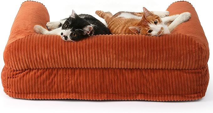 FUKUMARU Dog Couch Bed, Corduroy Cozy Cat Bed for Indoor Cats with Washable Cover, 28in Waterproof Orthopedic Dog Beds Sofa for Small Dogs and Large Cats, Cute Warm Cotton Pet Sofa, Orange