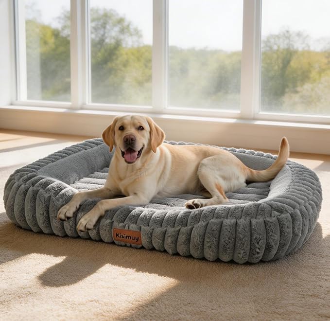 Dog Bed Large Size Dogs Washable Soft Furry Pet Bed, Calming Rectangle Large Dog Bed with Removable Cover & Anti-Slip Bottom, Orthopedic Anti-Anxiety Pet Bed with Handle, 35x27x5 Inches, Grey