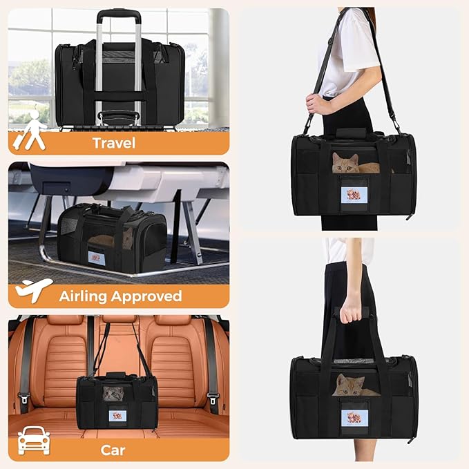 Soft Cat Carrier for Pets Up to 15 lbs, TSA Approved for Airline in-Cabin, Cat Travel Bag with Detachable Cat Food Bowl, Pet Carriers for Small Dogs, Waterproof Travel Puppy Carry, Black
