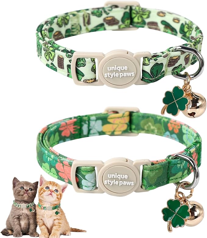 Unique Style Paws Saint Patrick Day Cat Collar,Trefoil Cat Collars,Green Kitten Collar Breakaway Buckle,Adjustable St. Patrick Day Puppy Collar,Ideal Gift for Boy Girl Cats