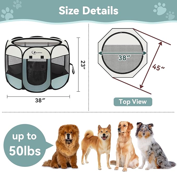 Large Dog Cat Playpen, Puppy Pet Playpen Indoor for Dog Crate Tent Cage Outdoor, Portable Pop Up Dogs Enclosure Kennel with Carrying Case for Dogs/Cats/Rabbits, Grey